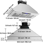 SucceBuy Built-in Range Hood 800/900CFM 3/4-Speed 30/36 Inch Stainless Steel with LED Lights Baffle Filters Ducted Convertible