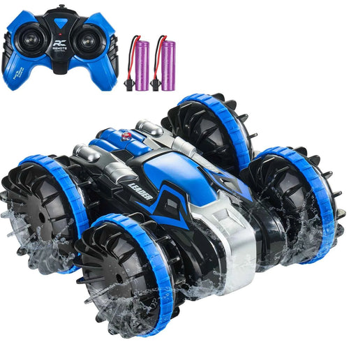 Amocart Blue/Yellow Amphibious RC Car Boat 2.4GHz 12 km/h Electric Remote Control 360° Rotating Stunt Car Water Beach Pool Toys