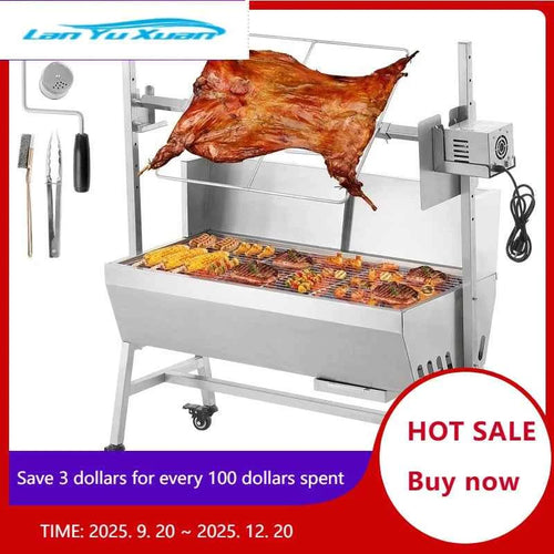 Amocart 35inch Rotisserie Grill Electric Motor Charcoal Spit Grill Stainless Steel Roaster w/Lockable Wheels for Camping