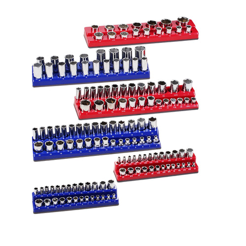 Amocart 6pcs/8pcs Blue+Red Magnetic Socket Organizer Set 1/4'' 3/8'' 1/2'' Metric SAE Socket Trays with Clear Labels for Tool