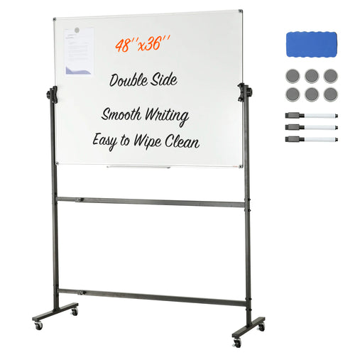 SucceBuy Rolling Magnetic Whiteboard Double-Sided Mobile Whiteboard 360° Reversible Adjustable Height Dry Erase Board for School