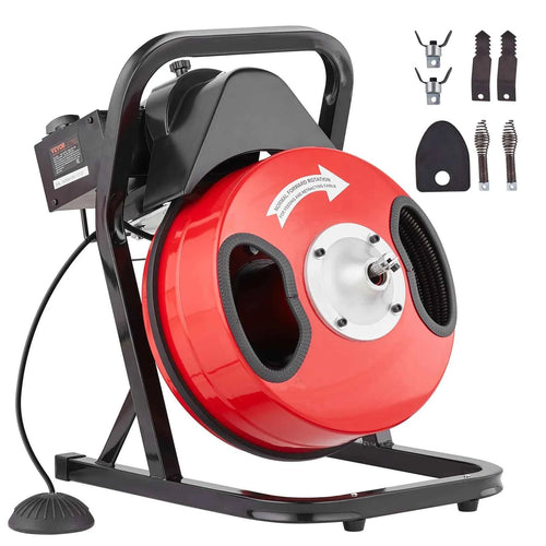 SucceBuy Drain Cleaner Machine 50FT 1/2 Inch Manual Feed Sewer Snake Auger with 4 Cutters & Air-activated Foot Switch for Pipes