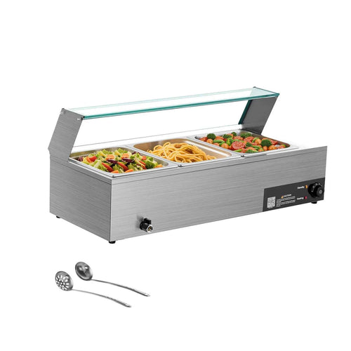 Amocart Commercial Food Warmer Electric Stainless Steel Steam Food Warmer with Glass Cover Countertop Buffet Bain Marie w/ Soup