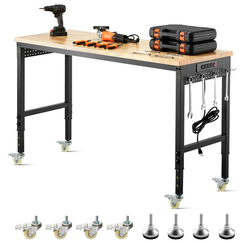 SucceBuy 60-Inch Adjustable Workbench 2000 lbs Load Work Bench with Power Outlet Wheels and Pegboard for Garage Workshop Home