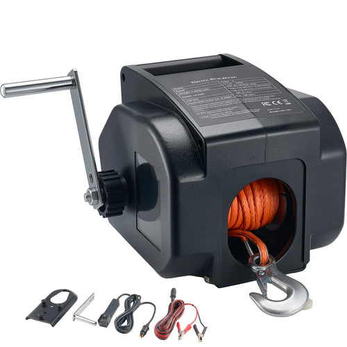 SucceBuy 2000lbs Electric Boat Winch 12V DC 300W with Wired Remote Control Hand Crank Reversible Electric Trailer Winch for Boat