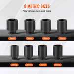 Amocart Axle Nut Impact Socket Set 1/2" Drive Deep 12-Point 8-Piece Metric Spindle Nut Socket Set CR-MO Heat Treated Socket Set