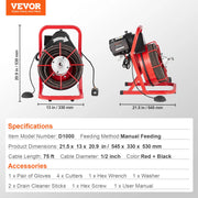 Charger l'image dans la visionneuse de galerie, Amocart Drain Cleaner Machine 75FT/50FT Sewer Snake Auger Manual 1/2 Inch Electric Drain Cleaning Machine w/ 4 Cutters for Home
