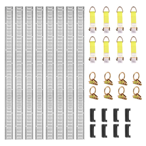 SucceBuy Universal E-Track Tie-Down Rail Kit W/ 8 Steel Rails 2 Single Slots 8 O-Rings Tie-Offs Trailer Car Securing Accessories