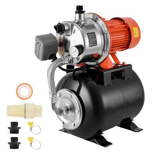 Amocart 1HP/1.6 HP Shallow Well Pump with Pressure Tank 120V Stainless 5-Gal Tank 20/40 PSI Pressure Switch for Home Garden