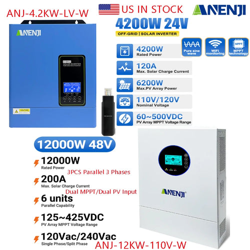 ANENJI Split Phase 12KW 48V Hybrid Solar Inverter Parallel 4.2KW 24V Inverter Pure Sine 120V 220V On Grid MPPT 200A Solar Charger PV 500V