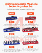 SucceBuy 6pcs/8pcs Blue+Red Magnetic Socket Organizer Set 1/4'' 3/8'' 1/2'' Metric SAE Socket Trays with Clear Labels for Tool