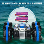 Amocart Blue/Yellow Amphibious RC Car Boat 2.4GHz 12 km/h Electric Remote Control 360° Rotating Stunt Car Water Beach Pool Toys