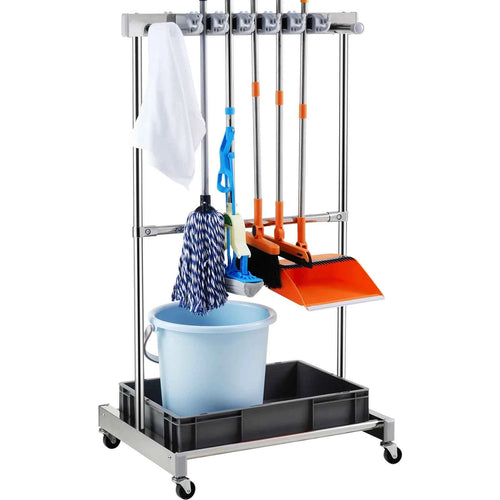 SucceBuy Garden Tool Organizer Yard Tool Tower Rack 10 Slots with Hook & Wheels Broom Storage for Garage Outdoor Organization