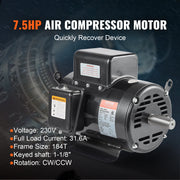 Bild in Galerie-Viewer laden, Amocart 7.5HP Air Compressor Motor 230V 31.6Amps Electric Single Phase Motor 3450RPM 184T Frame for Compressors CW/CCW Rotation
