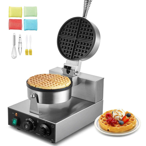 Amocart Commercial Waffle Maker 1230W Round Waffle Baker Machine Non-Stick Stainless Steel Belgian Waffle Iron w/ TIme Control
