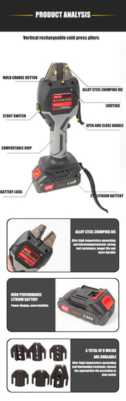 Load image into Gallery viewer, Cordless Hand Held Hydraulic Pliers 16KN Electric Hydraulic Wire Crimper with LED Light &amp; Molds Terminal Crimping Tool
