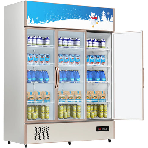 SucceBuy Triple Swing Door Commercial Refrigerator Display Fridge Upright Beverage Cooler Glass Door with LED Light