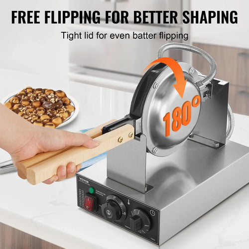 Non-Stick Stainless Steel Bubble Puff w/180° Rotatable 2 Pans & Wooden Handles Amocart Commercial Egg Bubble Waffle Maker 1400W