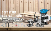 Load image into Gallery viewer, Amocart 800W Soft Start Compact Router Kit Variable Speed 10000-30000Rpm with Fixed Base, Plunge Base, Tilt Base and Offse Base
