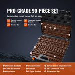Amocart 90PCs 3/8" Drive Impact Socket Set SAE 1/4"-3/4" and Metric 6-19mm Socket Set 6 Point Cr-Mo Alloy Steel for Auto Repair