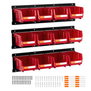 Charger l'image dans la visionneuse de galerie, Amocart Wall Mounted Storage Bins 12 Plastic Bins &amp; 3 Metal Rails Hanging Stackable Garage Workshop Nails Tools Organizer Box
