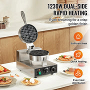Charger l'image dans la visionneuse de galerie, Amocart Commercial Waffle Maker 1230W Round Waffle Baker Machine Non-Stick Stainless Steel Belgian Waffle Iron w/ TIme Control
