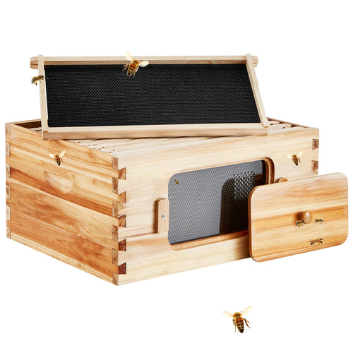 Amocart Bee Hive Deep Box Starter Kit 100% Beeswax Coated Natural Cedar Wood Langstroth Beehive Kit Transparent Acrylic