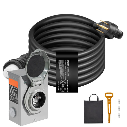 Amocart 50Amp Generator Cord & Power Inlet Box Kit NEMA 14-50P/SS2-50R STW 6/3+8/1 AWG Power Cord with Lock Connector for RV
