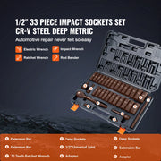 Charger l'image dans la visionneuse de galerie, SucceBuy 1/2" 3/8" Drive Impact Socket Set 13/23/33/34/48/65/90PCs SAE Metric Cr-V/Cr-Mo Socket Set 6 Point Alloy Steel Repair
