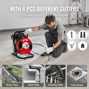 Bild in Galerie-Viewer laden, Amocart Drain Cleaner Machine 50FT 1/2 Inch Manual Feed Sewer Snake Auger with 4 Cutters &amp; Air-activated Foot Switch for Pipes
