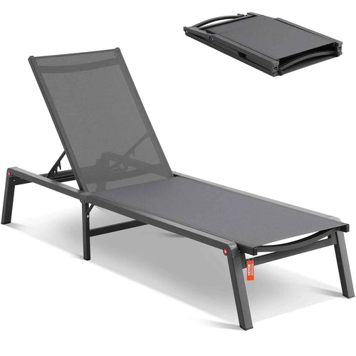 Amocart Chaise Lounge Chair Outdoor Aluminum Patio LoungeFolding Pool Lounge Recliner Full Flat for Patio Beach Pool Dark Grey