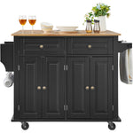 SucceBuy 43" Kitchen Island Cart Wood Top Mobile Carts with Storage Cabinet Rolling Table with Leaf Spice Rack Towel Bar Black
