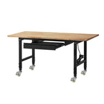 SucceBuy Adjustable Workbench on Wheels Oak Wood Top 60x24 In 2000 lbs Capacity with Drawer Power Outlets for Garage Workshop
