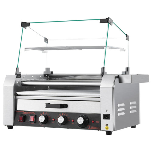 SucceBuy Hot Dog Roller Stainless Steel Sausage Grill Cooker Hot Dog Machine with Bun Warmer Cover 3 Temp Control for Commercial