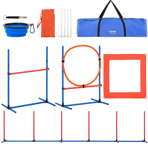 Amocart Dog Agility Training Equipment 4 PCS Set with Adjustable High Hurdles 6 Weave PolesJump Ring Square Pause Box Whistle