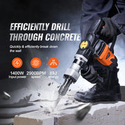 Bild in Galerie-Viewer laden, Amocart 1400W Demolition Jack Hammer Electric Jackhammer Heavy Duty 2900 BPM Concrete Breaker 2pcs Chisels Bits Chipping
