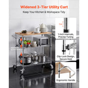 Charger l'image dans la visionneuse de galerie, SucceBuy Kitchen Utility Cart 3 Tier Adjustable Wire Storage Rack with Wood Tabletop and Handle Bar 661 lbs Steel Work Table
