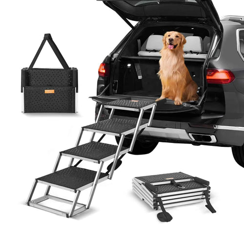 Amocart Dog Stair for Cars Wide Dog Car Steps Folding Portable Pet Steps Lightweight Aluminum for Car SUV and Truck 150 lbs