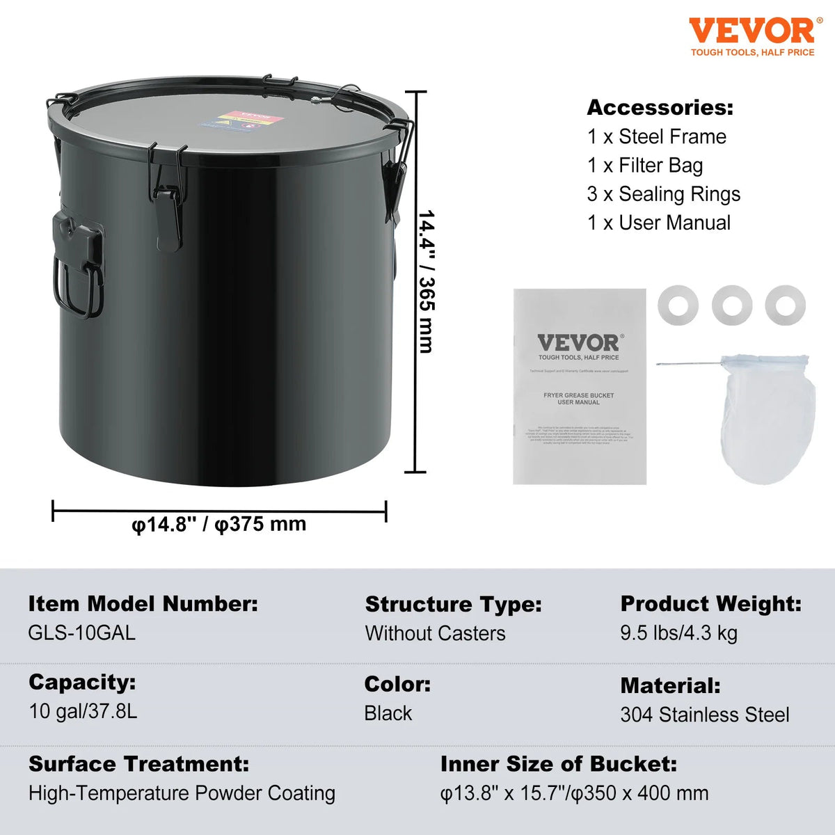 SucceBuy 10 Gal Fryer Grease Bucket Carbon/Stainless Steel Rust-Proof Coat Transport Container Lock Clips Filter Bag for Hot Oil - AMOCARTSucceBuy 10 Gal Fryer Grease Bucket Carbon/Stainless Steel Rust-Proof Coat Transport Container Lock Clips Filter Bag for Hot Oil