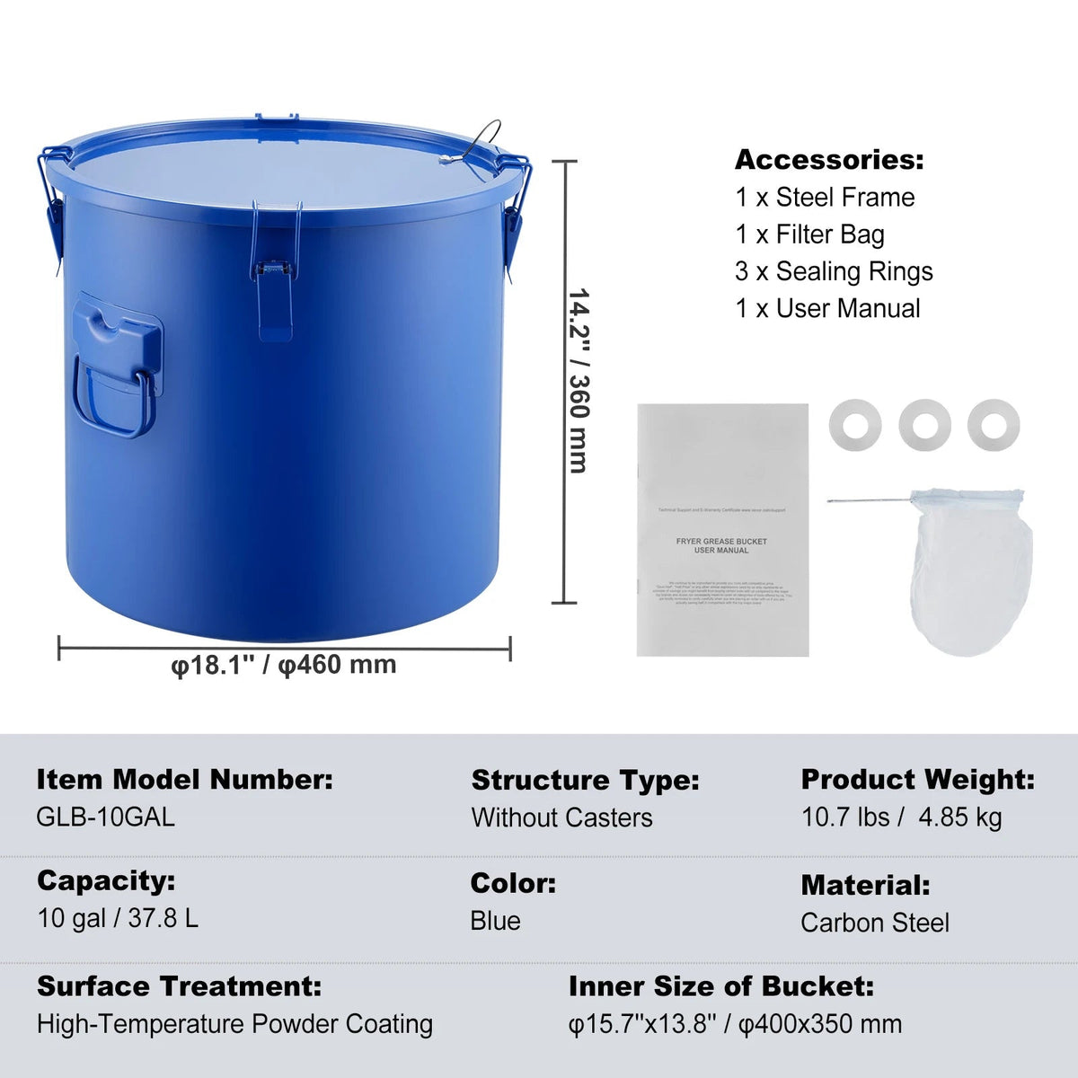 SucceBuy 10 Gal Fryer Grease Bucket Carbon/Stainless Steel Rust-Proof Coat Transport Container Lock Clips Filter Bag for Hot Oil - AMOCARTSucceBuy 10 Gal Fryer Grease Bucket Carbon/Stainless Steel Rust-Proof Coat Transport Container Lock Clips Filter Bag for Hot Oil