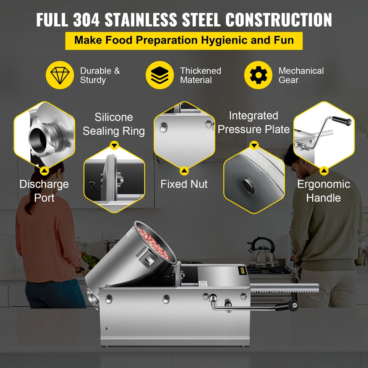 SucceBuy 3L Horizontal Sausage Stuffer Manual Sausage Maker Stainless Steel With 5 Filling Nozzles For Home & Commercial Use - AMOCARTSucceBuy 3L Horizontal Sausage Stuffer Manual Sausage Maker Stainless Steel With 5 Filling Nozzles For Home & Commercial Use