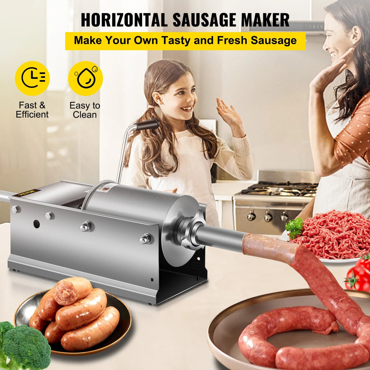 SucceBuy 3L Horizontal Sausage Stuffer Manual Sausage Maker Stainless Steel With 5 Filling Nozzles For Home & Commercial Use - AMOCARTSucceBuy 3L Horizontal Sausage Stuffer Manual Sausage Maker Stainless Steel With 5 Filling Nozzles For Home & Commercial Use