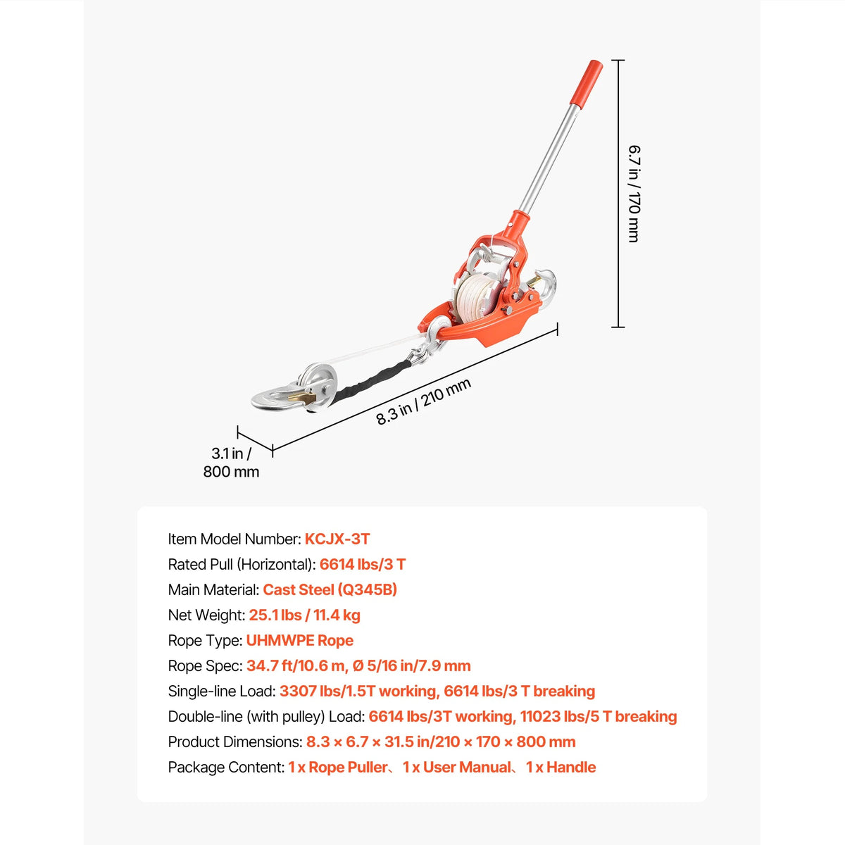 SucceBuy 6614lbs Rope Puller Ratchet Power Puller Tool with 35ft of 0.3 in Diameter Rope & 2 Hooks for Tree Felling Moving Boats - AMOCARTSucceBuy 6614lbs Rope Puller Ratchet Power Puller Tool with 35ft of 0.3 in Diameter Rope & 2 Hooks for Tree Felling Moving Boats