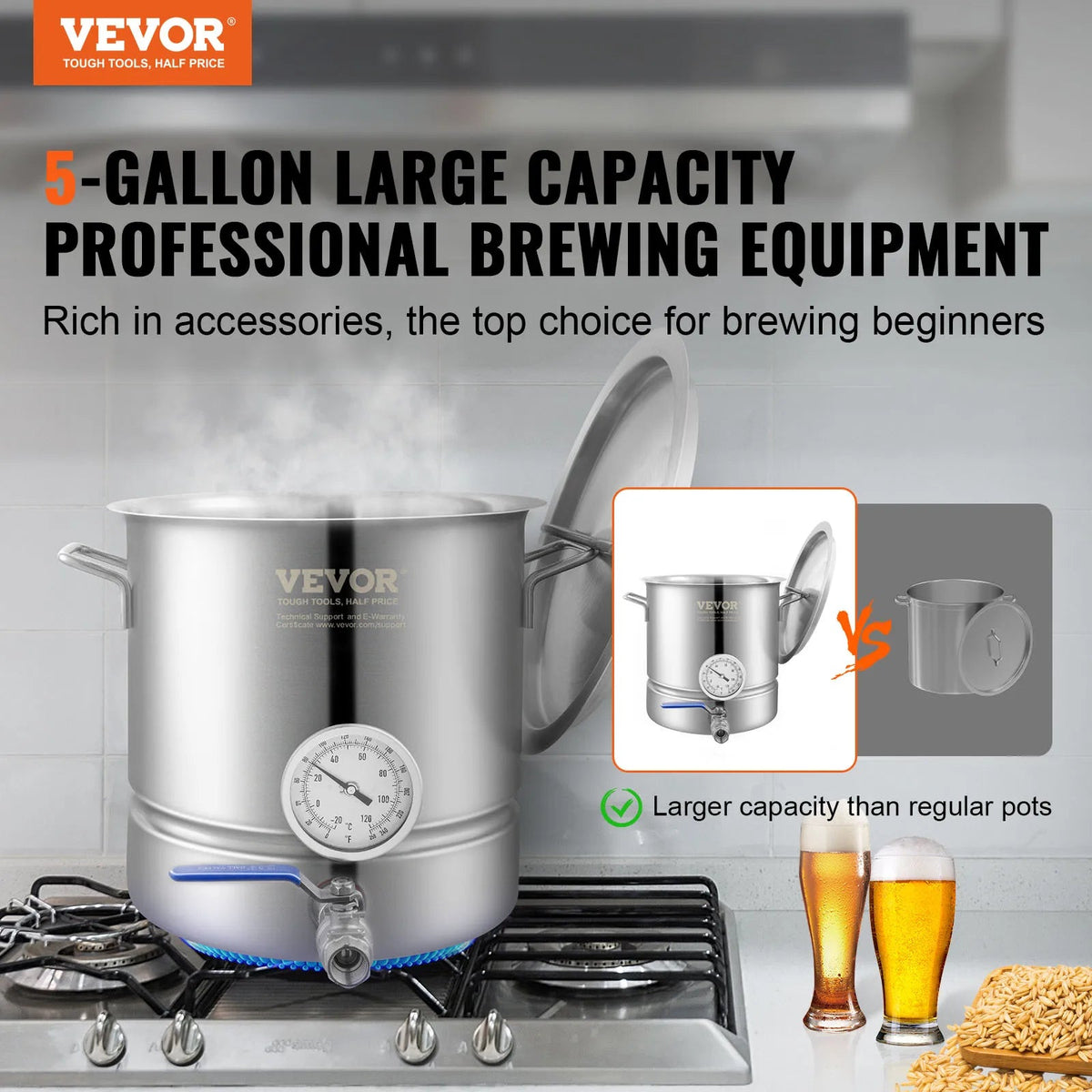 SucceBuy Stainless Steel Kettle 5 GALLON Brewing Pot Tri Ply Bottom for Beer Brew Kettle Pot Home Brewing Supplies Includes Lid - AMOCARTSucceBuy Stainless Steel Kettle 5 GALLON Brewing Pot Tri Ply Bottom for Beer Brew Kettle Pot Home Brewing Supplies Includes Lid