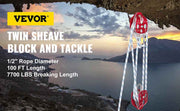 Charger l'image dans la visionneuse de galerie, SucceBuy Twin Sheave Block &amp; Tackle 2/5-1/2in 100Ft Braid Rope 35KN 7700LBS Lifting Trellis Rigging Cargo Slings for Garage
