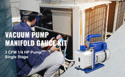 Bild in Galerie-Viewer laden, Amocart 3CFM 1/4HP Single Stage Air Vacuum Pump HVAC R134a R12 R22 R410a A/C Refrigeration Kit AC Manifold Gauge R134 Can Tap
