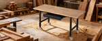 SucceBuy Adjustable Workbench on Wheels Oak Wood Top 60x24 In 2000 lbs Capacity with Drawer Power Outlets for Garage Workshop