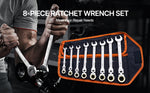 Amocart Flex-Head Ratcheting Wrench Set 8PCs Combination Wrench Set Roll-up Pouch Cr-V Steel Flexible Ratcheting Wrench Set