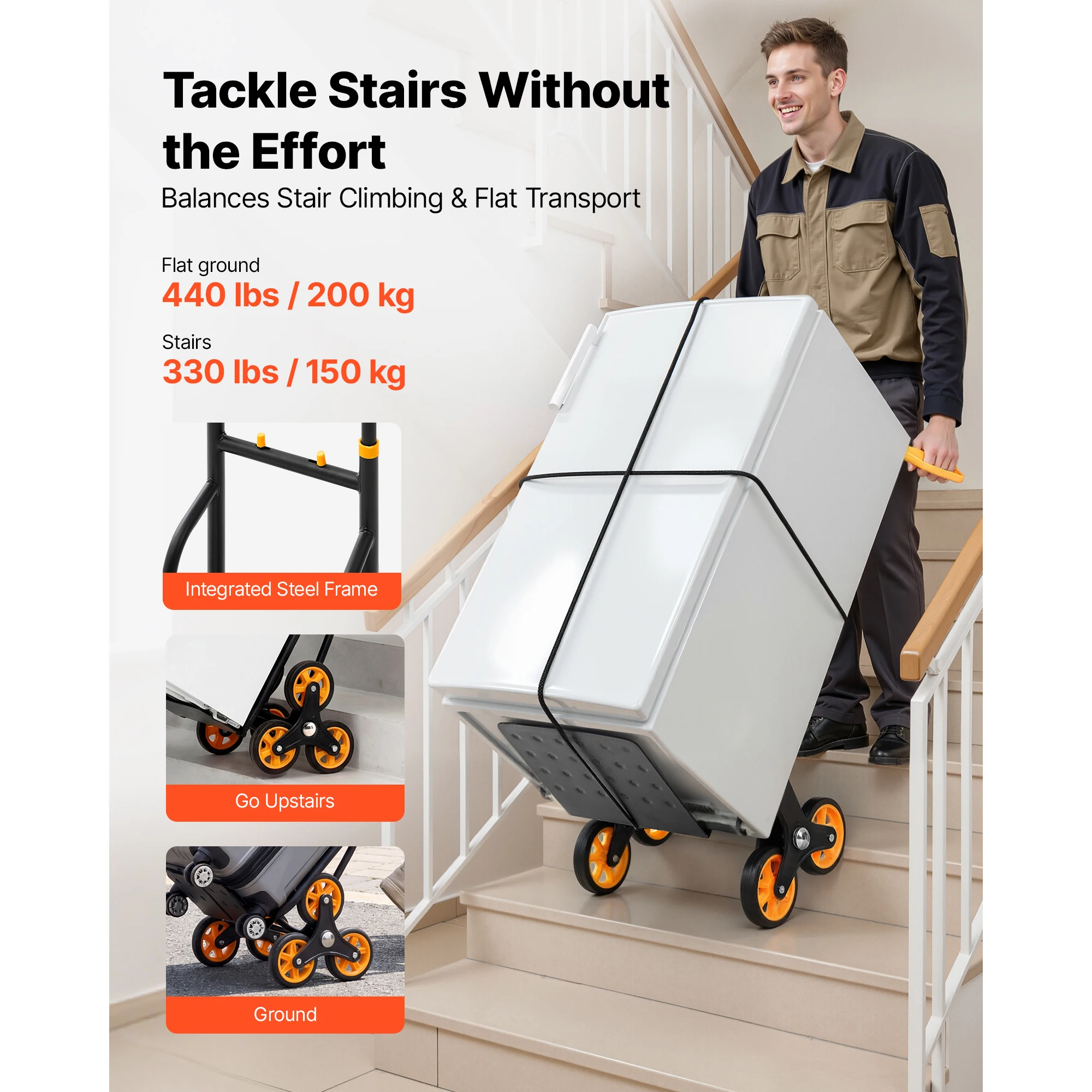 440/770 lbs Folding Hand Truck Dolly with 6 Wheels & 2 Elastic Ropes Stair Climbing Cart for Shopping Moving Warehouse - Image 2