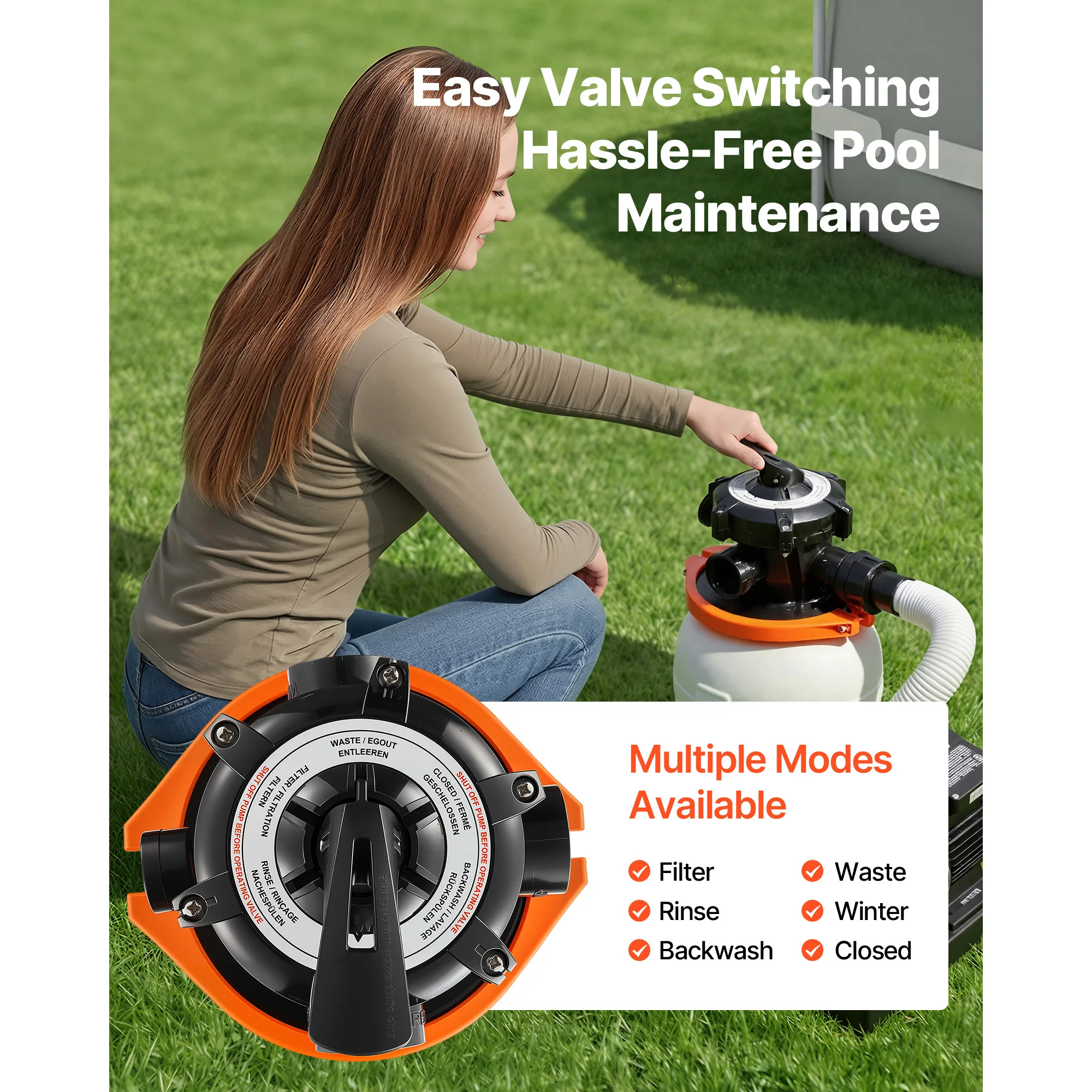 10/12/13/16in Sand Filter Pump for Above Ground Pool 0.33/0.75 HP 3000/3500/4400GPH with Pre-Assembled Core 6-Way Valve - Image 6